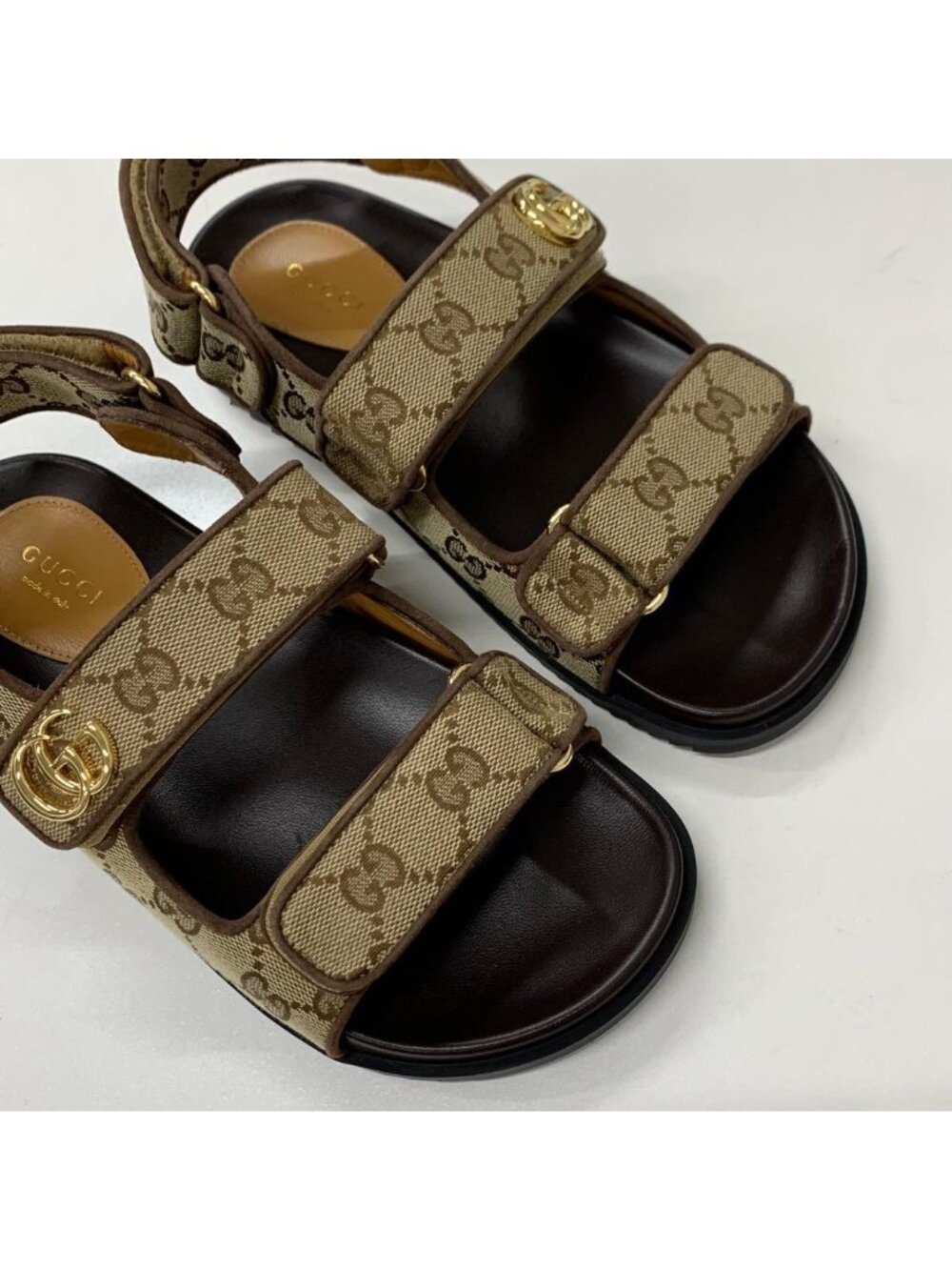 Gucci GG Marmont Canvas Double Strap Sandals Beige - Picture 9 of 10